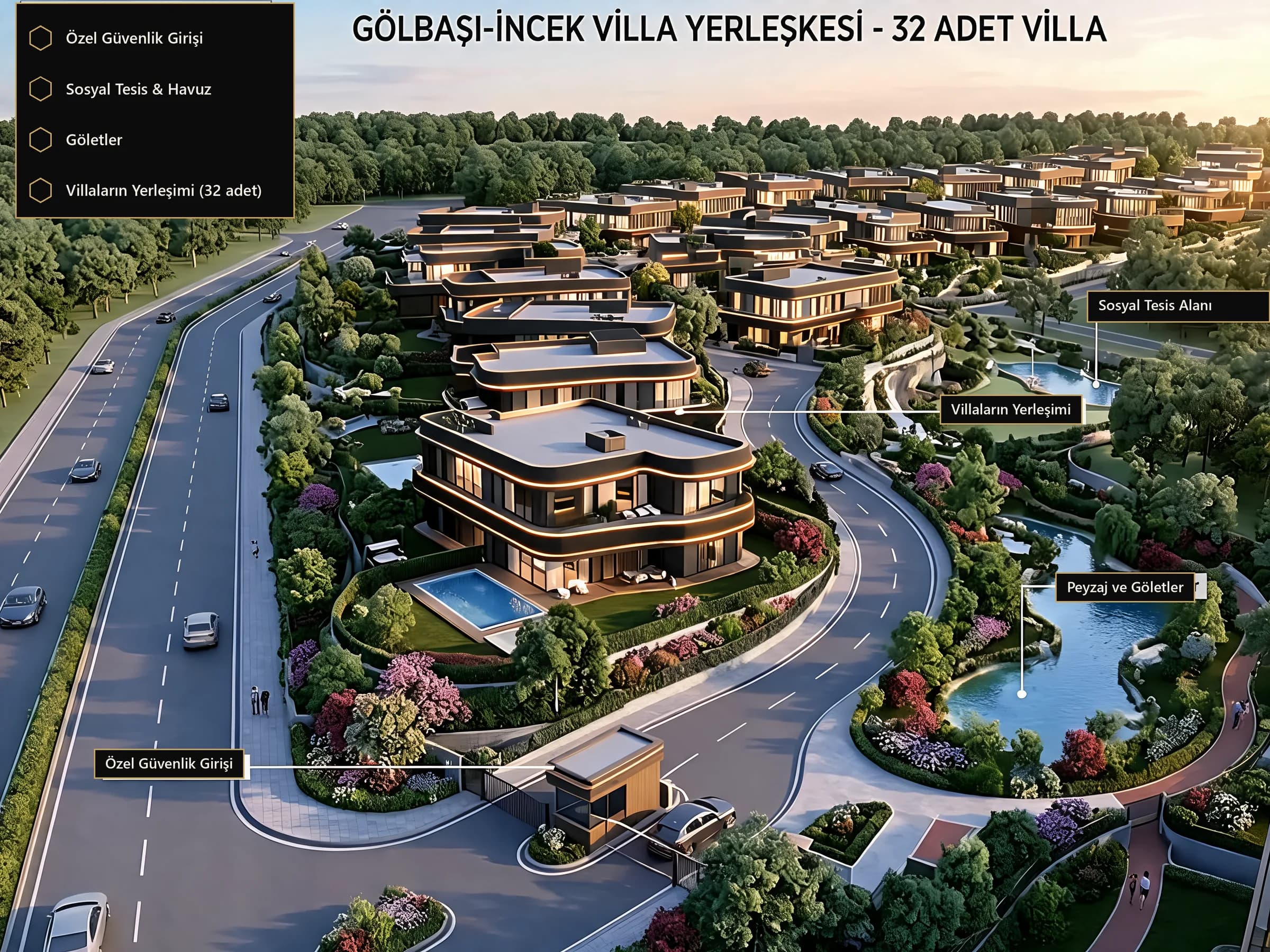 32 villa, güvenlikli giriş, havuz, göletler ve parkıyla Gölbaşı-İncek villa yerleşkesinin havadan görselleştirmesi